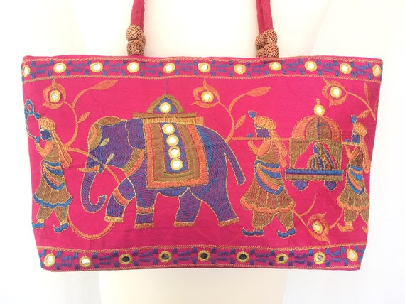 Handmade Ethnic Embroidered Elephant Boho Wristlet Purse Bag 