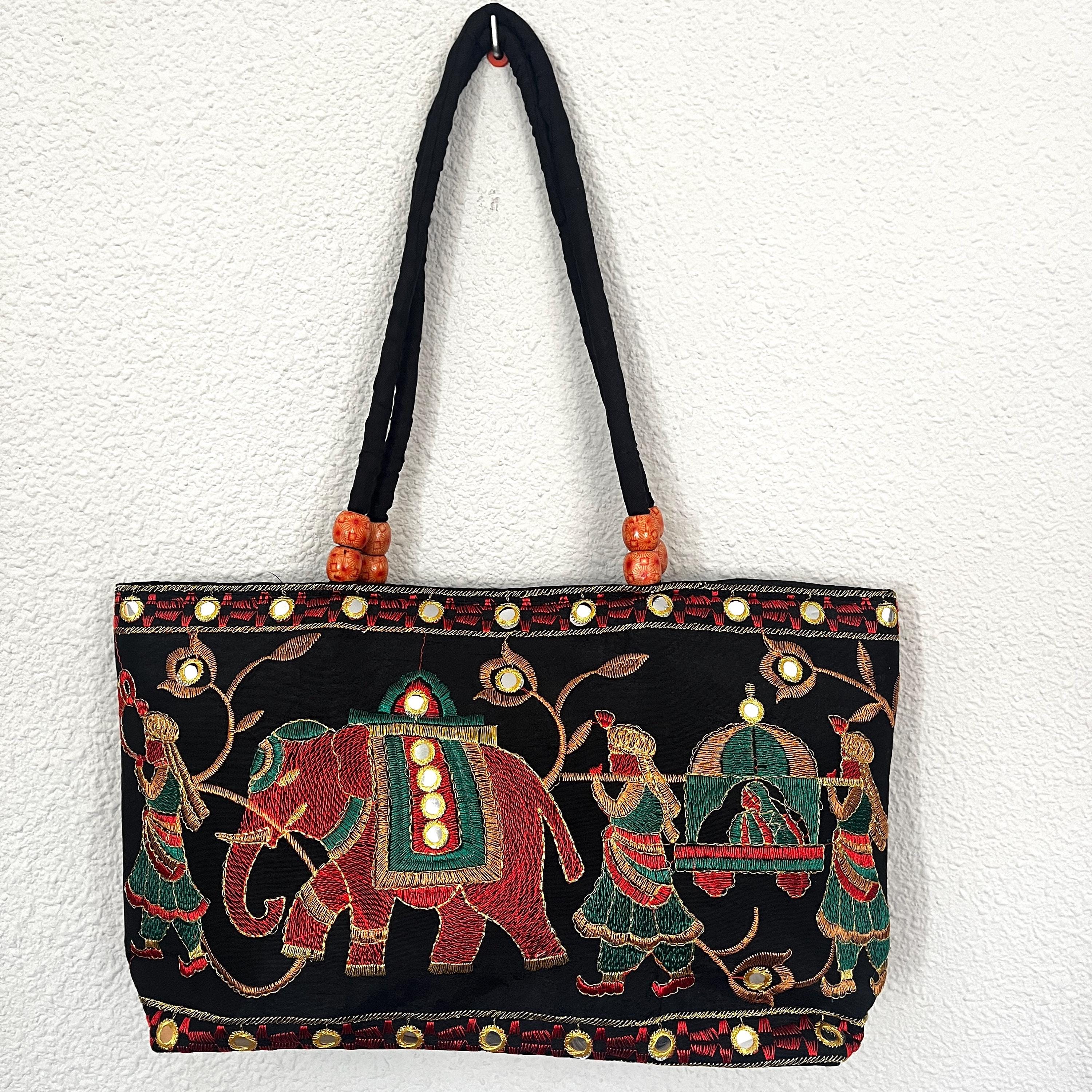 手作り刺繍バッグ インド・ラジャスタン伝統デザイン カッチ刺繍 ラジャスタン バッグ ラジャスタン刺繍ミラー付きバッグ