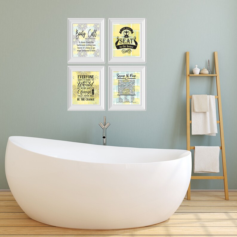Set of 4 Unframed Abstract Yellow Bathroom Funny Wall Art Etsy
