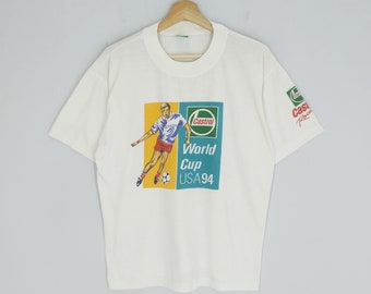 Camiseta blanca vintage Castrol de los años 90, talla grande, con cuello redondo y gráfico de fútbol de la Copa Mundial de Castrol 1994, talla L