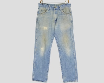 Jeans vintage anni '90 Wrangler a vita alta, lavaggio chiaro, jeans da lavoro in denim consumato, gamba dritta, jeans Wrangler blu sbiadito, taglia 34