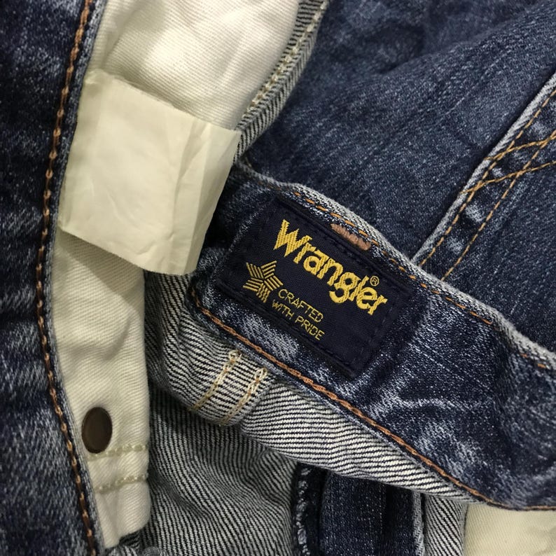 Vintage 90-tals Wrangler Japan Denim Jeans, Wrangler bleknade blå stentvättade jeans, Wrangler ljustvättade jeans arbetsjeans mom denim W32 bild 11
