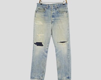 Vintage Levi’s 501 Jeans Made in USA, Distressed Ripped Patchwork Stone Washed Denim 1990s Faded Blue Levi Strauss Destroy Jeans W32
