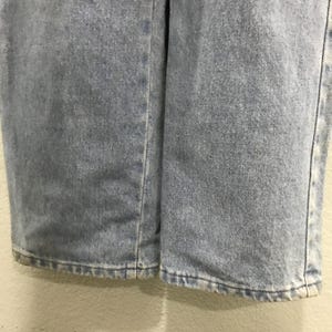 May include: Close-up of light blue denim jeans. The image shows the lower portion of the jeans, focusing on the hem and the texture of the fabric. The jeans appear to be well-worn, with a faded appearance.