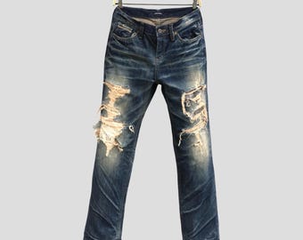 Vintage Nikisix Distressed Ripped Jeans, 100% Cotton, Grunge Y2K Aesthetics, Alternative Streetwear, Retro Patch Jeans