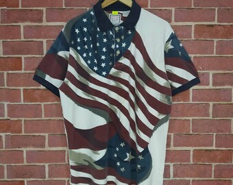 Vintage Polo Shirt Alloverprint Style Flag USA Casual Large size