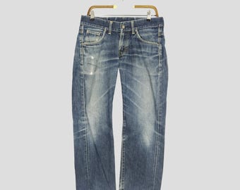 Vintage Edwin Inspired Denim Jeans Adults Jeans 90s Style, Distressed Blue Denim, Y2K Retro Jeans, Retro Workwear Stone Washed Denim Size 35