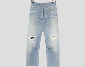Vintage 90s Levi's 501 Stonewashed Ripped Denim Blue Jeans Guziki Levis Destroy Jeans Outfits Denim Stonewash Blue Jeans W31