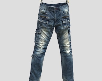 Vintage VOGUISH Distressed Denim Cargo Jeans, Japanese street fashion,, Workwear Multi Pocket Utility Pants, Men’s Streetwear 2000s