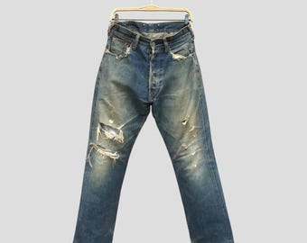 Vintage 90s Evis Style Evisu Craft Co Deluxe Selvedge Denim Jeans Japan Distressed Faded Blue Stone Washed Ripped Button Denim Jeans Size 30