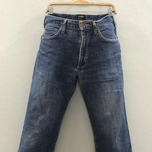 Vintage 90-tals Wrangler Japan Denim Jeans, Wrangler bleknade blå stentvättade jeans, Wrangler ljustvättade jeans arbetsjeans mom denim W32 bild 3