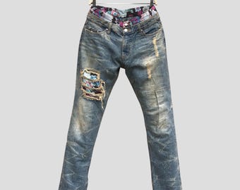 Vintage Distressed Denim Jeans with Floral Patchwork, Unique Boho Style, Artistic distressed details