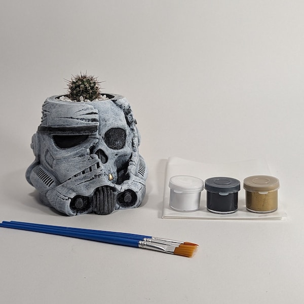 Concrete Trooper Skull Helmet Planter & Paint Kit