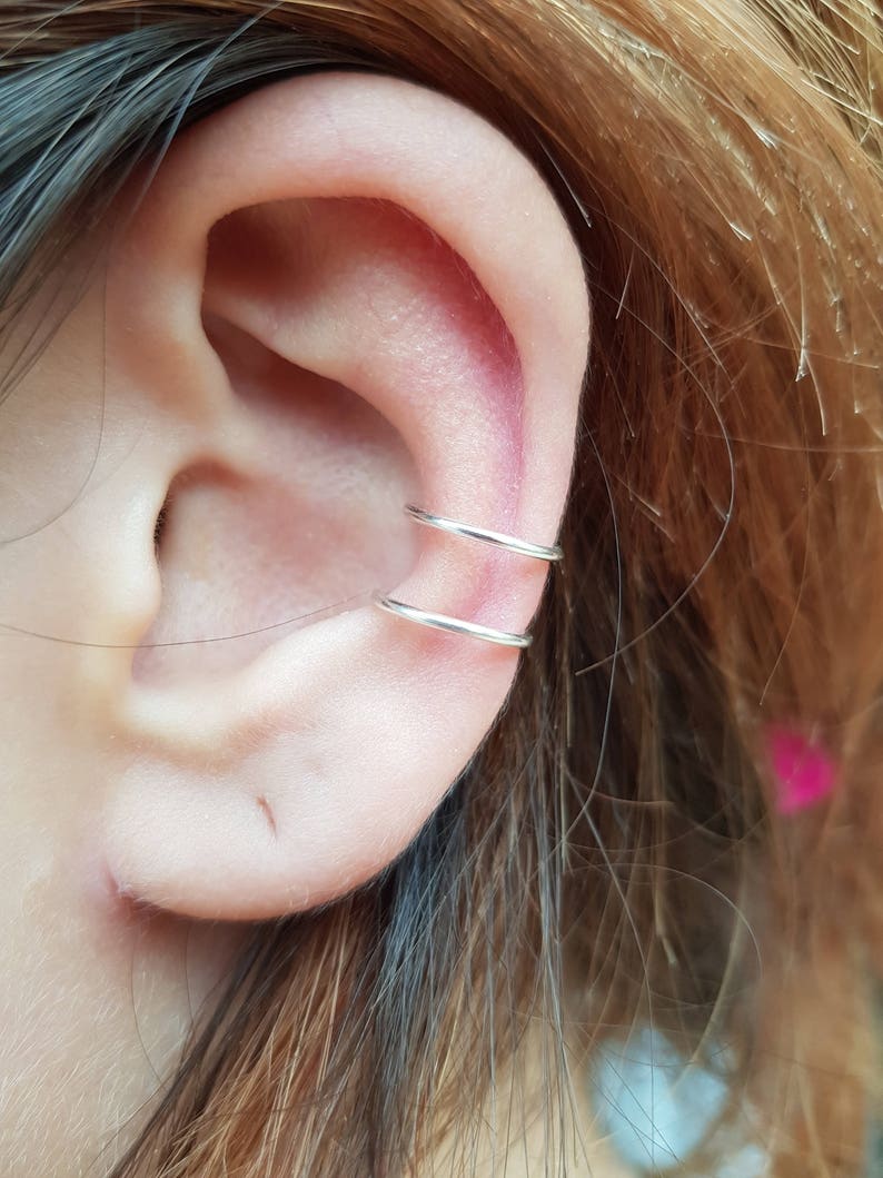Sterling Silver Tragus Ring Ear Cuff Conch Ring Double Tragus Ring Ear Cuff Fake Piercing Simple Two Double Lines Non Pierced Ear Cuff