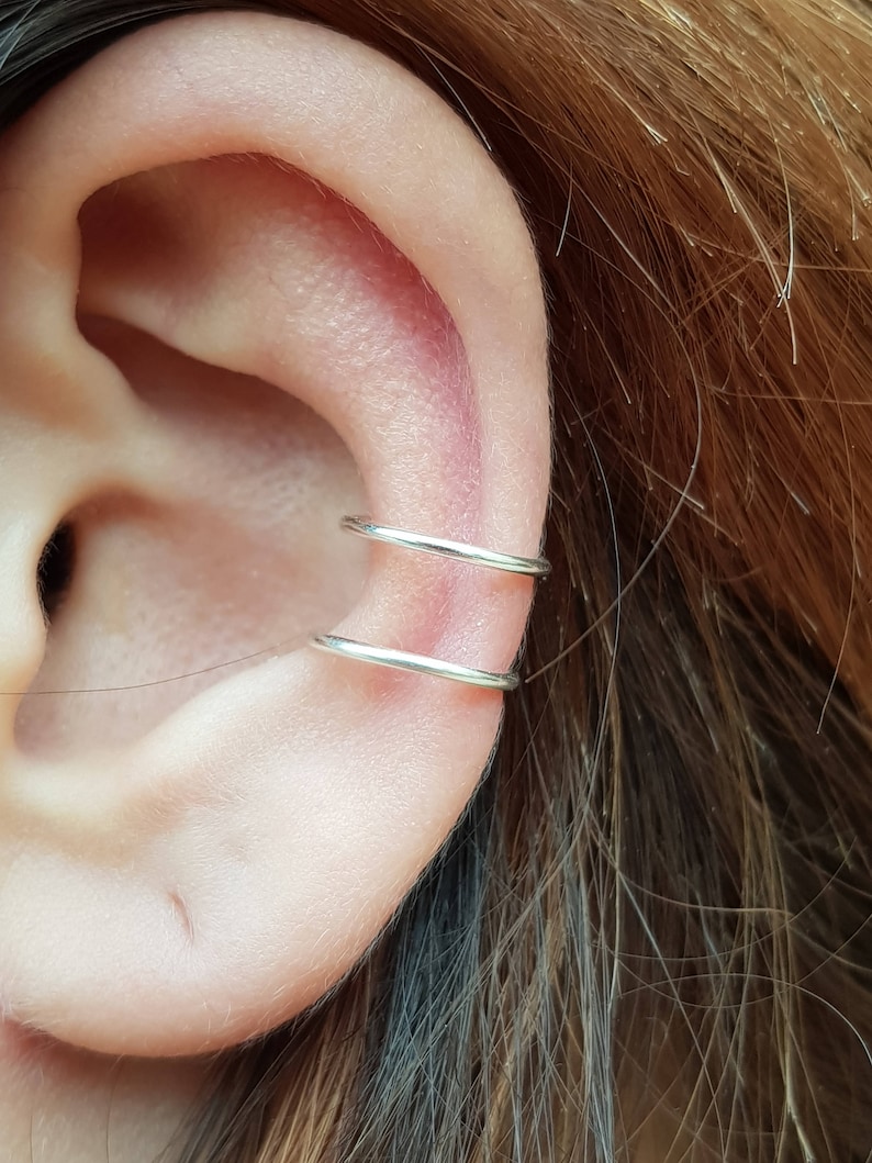 Sterling Silver Tragus Ring Ear Cuff Conch Ring Double Tragus Ring Ear Cuff Fake Piercing Simple Two Double Lines Non Pierced Ear Cuff