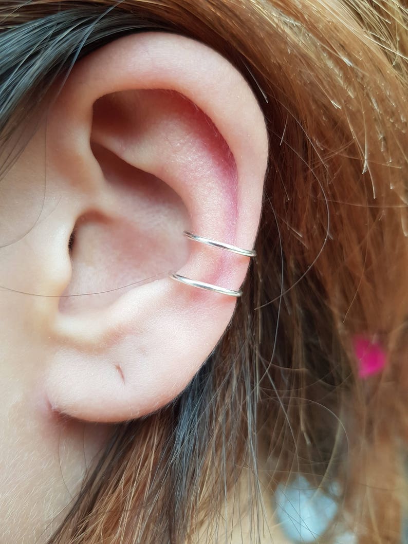 Sterling Silver Tragus Ring Ear Cuff Conch Ring Double Tragus Ring Ear Cuff Fake Piercing Simple Two Double Lines Non Pierced Ear Cuff