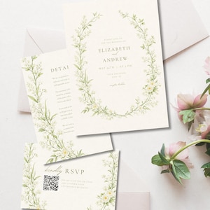 Greenery Floral Wedding Invitation Suite Canva Template, Botanical Wreath Wedding Invite Set, Editable Garden Wedding Invitation