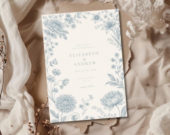 Dusty Blue Floral Wedding Invitation Suite Canva Template, Romantic Botanical Wedding Invite Set, Editable Elegant Wedding Invitation