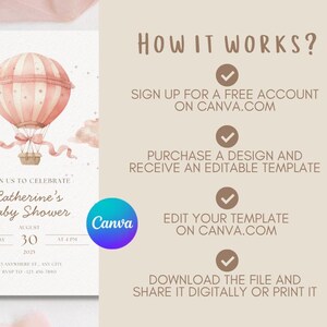 May include: A baby shower invitation with a watercolor hot air balloon design in shades of pink and peach. The invitation includes the text "Catherine's Baby Shower" and event details. Instructions on how to use Canva are also included.