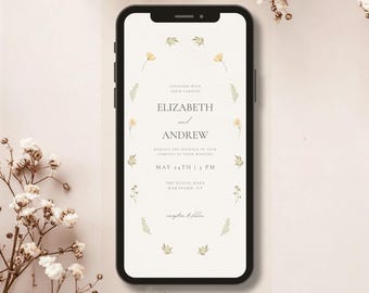 Minimalist Floral Wedding Invitation Template, Digital Phone Evite, Simple Boho Wedding Invite, Editable Canva Mobile Invitation Download