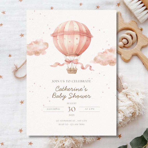 Baby Shower Invitation Template Canva, Editable Baby Girl Hot Air Balloon Invite, Pastel Whimsical Baby Shower Printable Digital