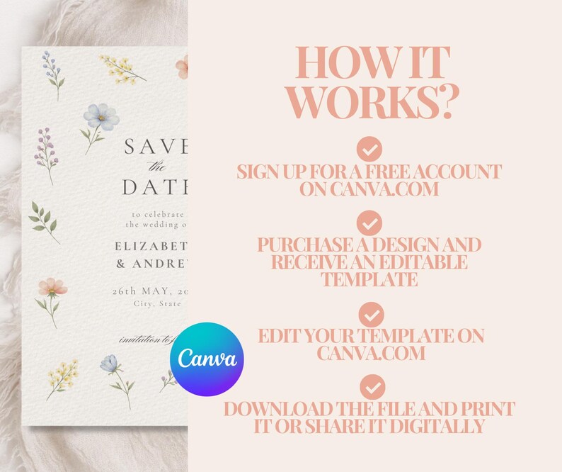 Boho Wildflower Save the Date Template, Wedding Invitation, Floral Wedding Invite, Editable Canva, Printable & Digital Download image 6