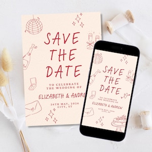 May include: A Save the Date wedding announcement card and a smartphone displaying the same design. Both feature a light cream background with dark red line art of a disco ball, champagne, a ring box, and text reading SAVE THE DATE ELIZABETH & ANDREW.