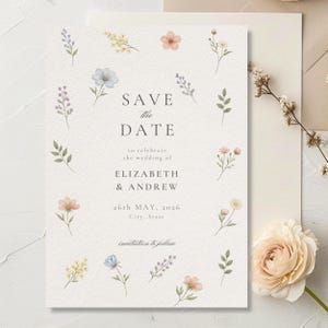 May include: A rectangular Save the Date card on textured white paper featuring watercolor illustrations of small wildflowers in blue, pink, and yellow. The text reads Save the Date to celebrate the wedding of Elizabeth & Andrew, 26th May, 2026.