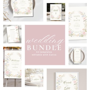 Può includere: Un pacchetto di nozze con vari modelli, tra cui inviti, biglietti RSVP, segnaposto e cartelli. I disegni incorporano elementi floreali in morbidi colori pastello, con testi come "Elizabeth & Andrew" e "Cards and Gifts".