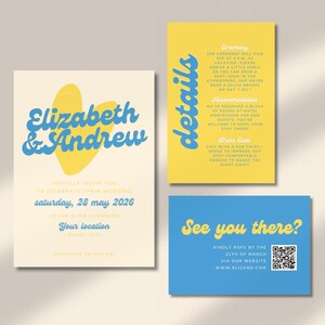 Conjunto de invitaciones de boda retro y divertidas, plantilla de invitación de boda maximalista y colorida para el verano