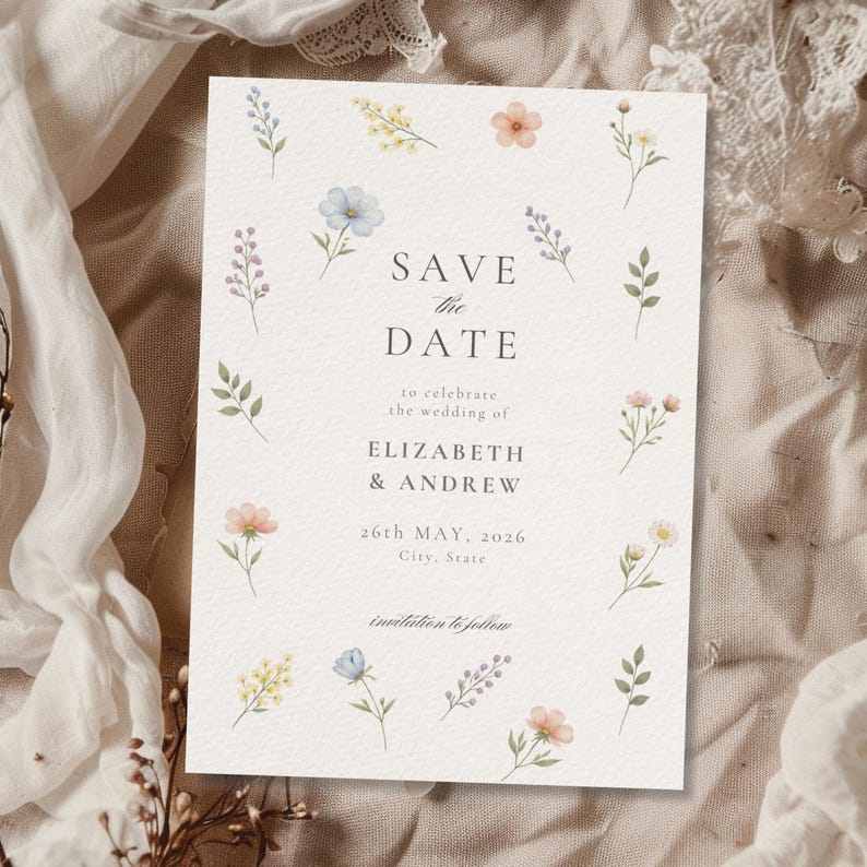 May include: A rectangular white card featuring the text SAVE THE DATE to celebrate the wedding of ELIZABETH & ANDREW 26TH MAY, 2026 City, State invitation to follow, decorated with a border of small watercolor flowers in blue, yellow, and pink.