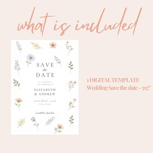 May include: A digital wedding save the date template measuring 5x7 inches. The white card features watercolor floral illustrations in blue, yellow, and pink surrounding the text: SAVE THE DATE, ELIZABETH & ANDREW, 26TH MAY, 2026, City, State.