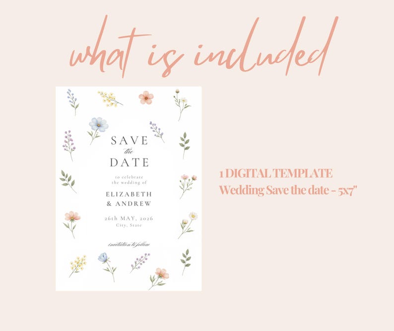 May include: A digital wedding save the date template measuring 5x7 inches. The white card features watercolor floral illustrations in blue, yellow, and pink surrounding the text: SAVE THE DATE, ELIZABETH & ANDREW, 26TH MAY, 2026, City, State.