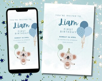 Koala 1st Birthday Invitation Template, First Birthday Invite Baby Boy, Cute Animal Party Invite, Editable Canva, Printable Download