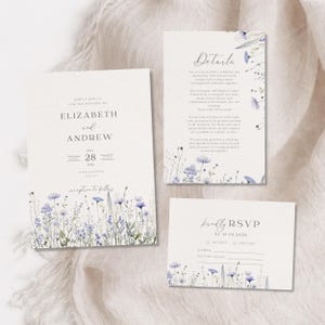 Può includere: Invito di nozze composto da tre biglietti con dettagli floreali. Il biglietto principale mostra i nomi "Elizabeth e Andrew" e la data "28 maggio 2026". Sono inclusi anche un biglietto con i dettagli e un biglietto RSVP, tutti con un delicato design di fiori di campo.