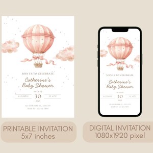 May include: A baby shower invitation featuring a watercolor hot air balloon in shades of pink and peach. The invitation includes the text "Catherine's Baby Shower" with the date and time. The image also shows a digital version on a phone.