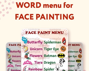 Tableau de mots pour menu peinture faciale - menu au choix peinture faciale dessins animés téléchargement numérique - fichiers imprimables PDF, PNG, JPG téléchargement immédiat