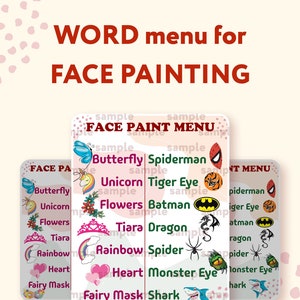 Gesichtsbemalung Menü Wordboard - Gesichtsbemalung Auswahlmenü Cartoons Digitaler Download - Druckbare PDF-, PNG- und JPG-Dateien Sofort-Download