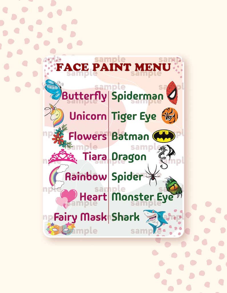 Face Paint Menu: Cartoon Designs, Printable PDF, PNG, JPG (digital ...
