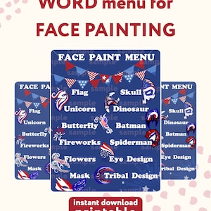 May include: Printable face painting menu with a red, white, and blue theme. The menu includes a variety of designs, such as flags, unicorns, butterflies, fireworks, flowers, masks, skulls, dinosaurs, and tribal designs.