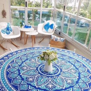Round Tablecloth: Iznik Ceramic Tile Pattern, Natural Fabric image 1