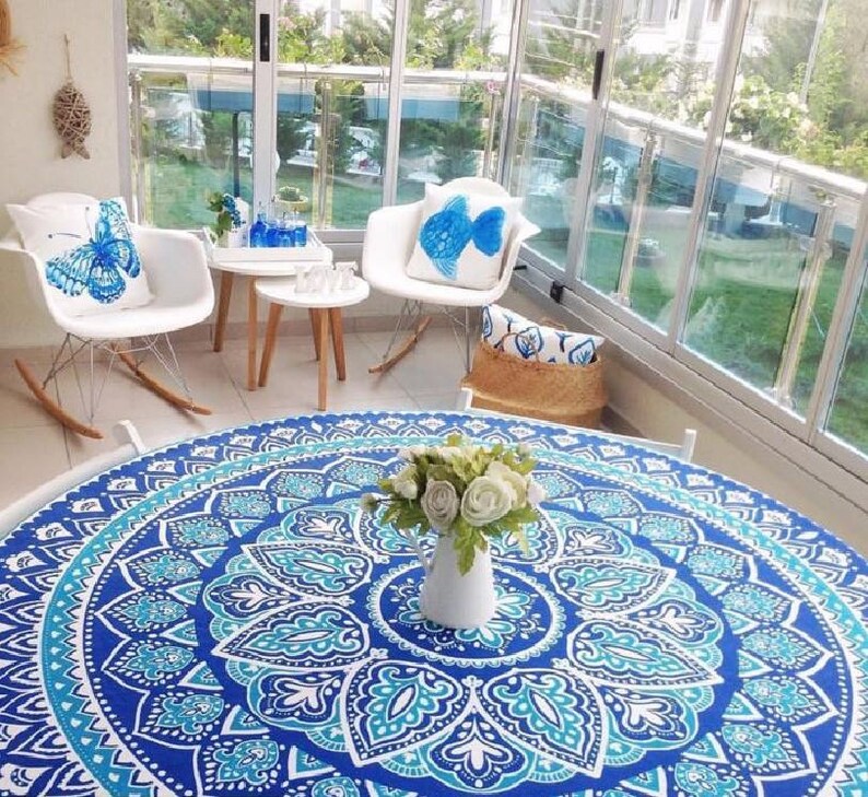 Round Tablecloth: Iznik Ceramic Tile Pattern, Natural Fabric image 1
