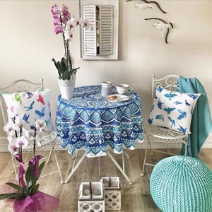Round Tablecloth: Iznik Ceramic Tile Pattern, Natural Fabric image 2