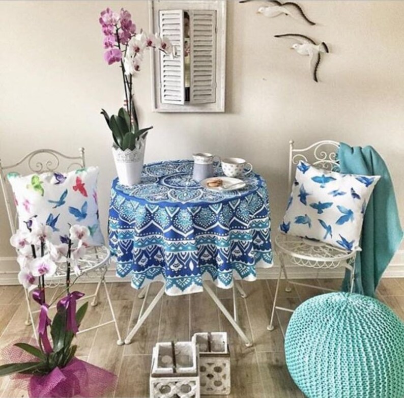 Round Tablecloth: Iznik Ceramic Tile Pattern, Natural Fabric image 2