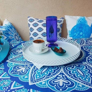 Round Tablecloth: Iznik Ceramic Tile Pattern, Natural Fabric image 3