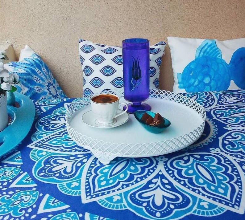 Round Tablecloth: Iznik Ceramic Tile Pattern, Natural Fabric image 3