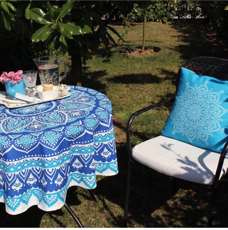 Round Tablecloth: Iznik Ceramic Tile Pattern, Natural Fabric image 5
