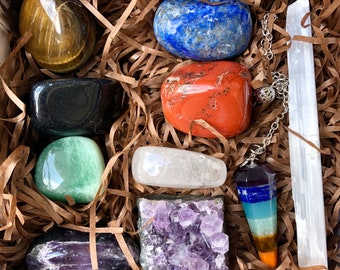 10 pcs Crystal Set with Gift Box Includes: Amethyst, Selenite, Tigers Eye, lapis Lazuli, Clear Quartz, Red Jasper, and more