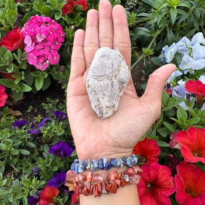 Puede incluir: Una roca clara y texturizada sostenida en una mano abierta, con tres pulseras de piedras azules, naranjas y rojas en la muñeca. El fondo presenta flores vibrantes en tonos de rosa, rojo, morado y blanco.