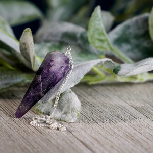 May include: A purple amethyst crystal pendulum on a silver chain. The pendulum is hanging against a backdrop of green leaves.